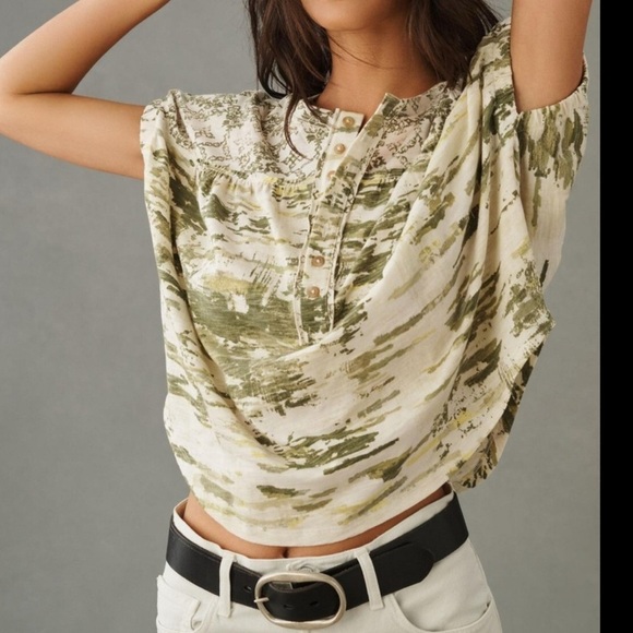 Anthropologie Pilcro Women's Tee Size M Oversized Ruched Henley Green Cotton - Picture 2 of 10